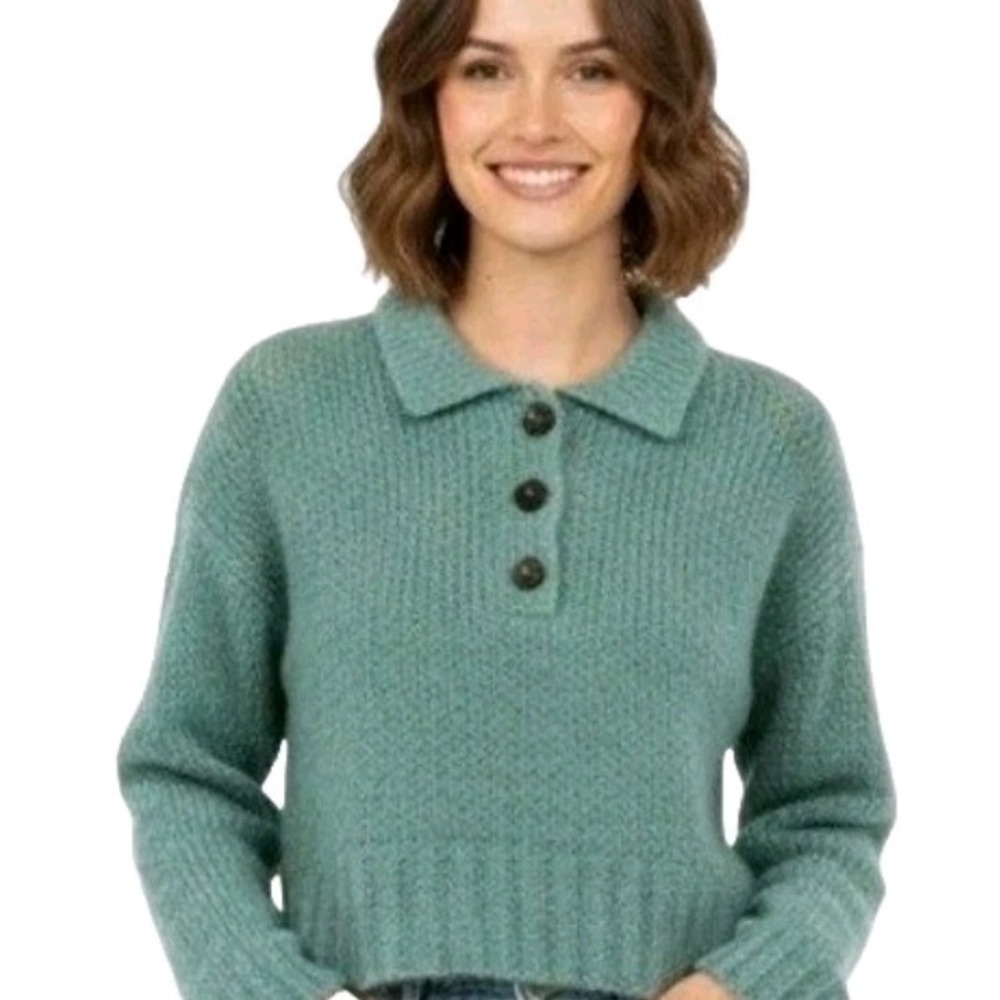 Everlane Sweater Women Small Green Henley Collared Alpaca Wool Knit Cropped Boxy